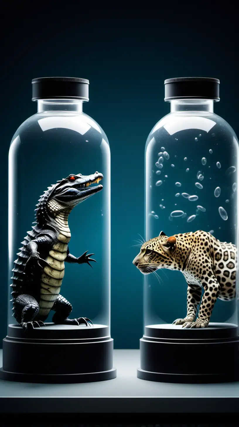 Terrifying Black Caiman and Leopard Asleep in Individual Glass Capsules in Science Laboratory