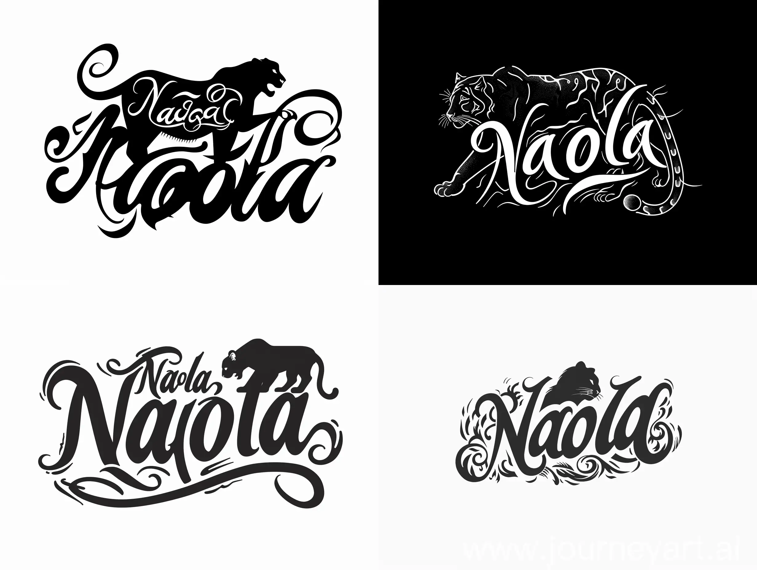 The logo is a calligraphic lettering with the inscription "Naola" and a silhouette of a panther. minimalistic logo design. 8k. Black and white colours. fine lines