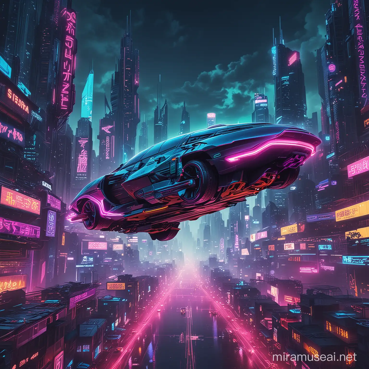 futuristic car soaring over a cyberpunk city in neon colors