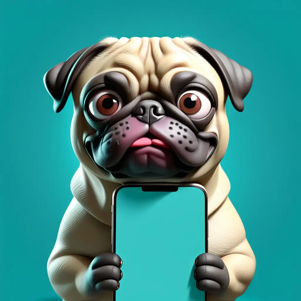 Whimsical 3D Pug Illustration on Vibrant Turquoise Background Mobile App Delight