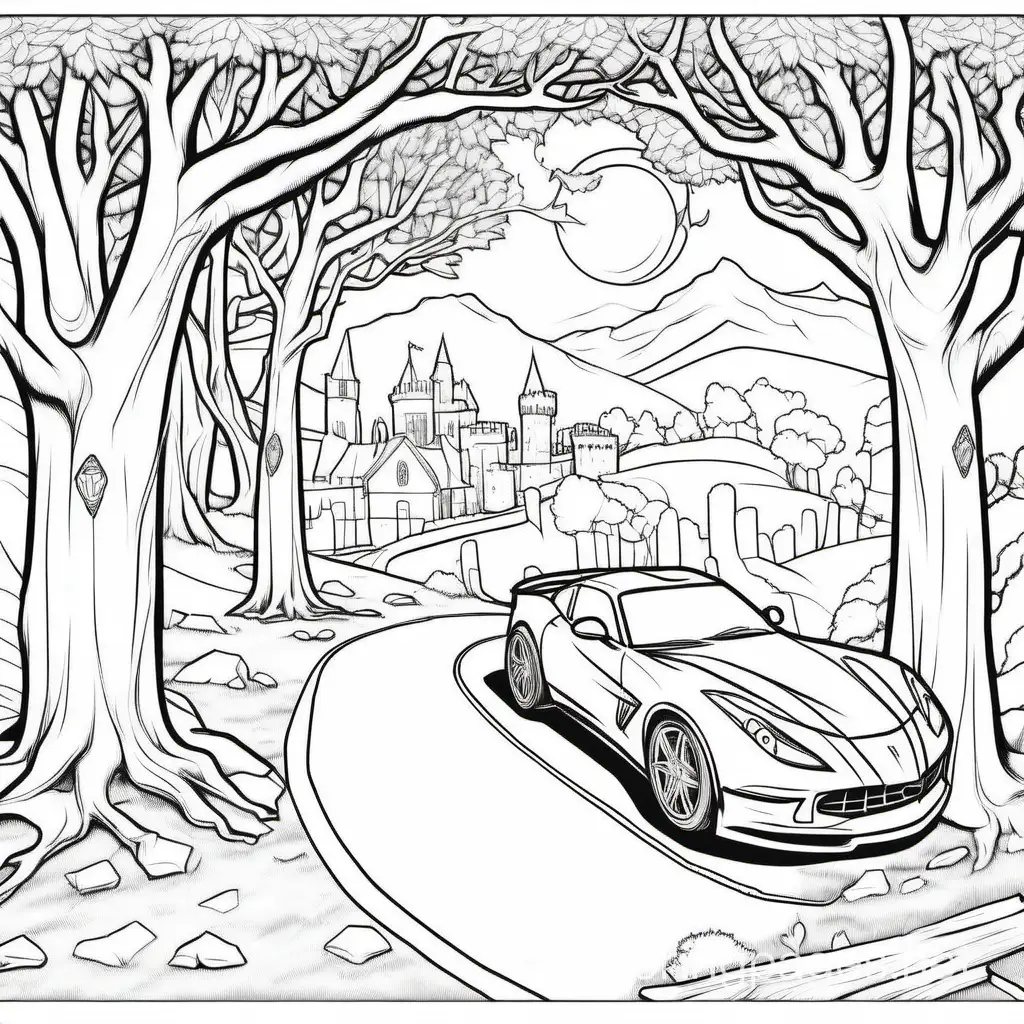 a medieval realm with a road alongside a tree,  and a sports car and  a wizard and a truck, Coloring Page, black and white, line art, white background, Simplicity, Ample White Space. The background of the coloring page is plain white to make it easy for young children to color within the lines. The outlines of all the subjects are easy to distinguish, making it simple for kids to color without too much difficulty