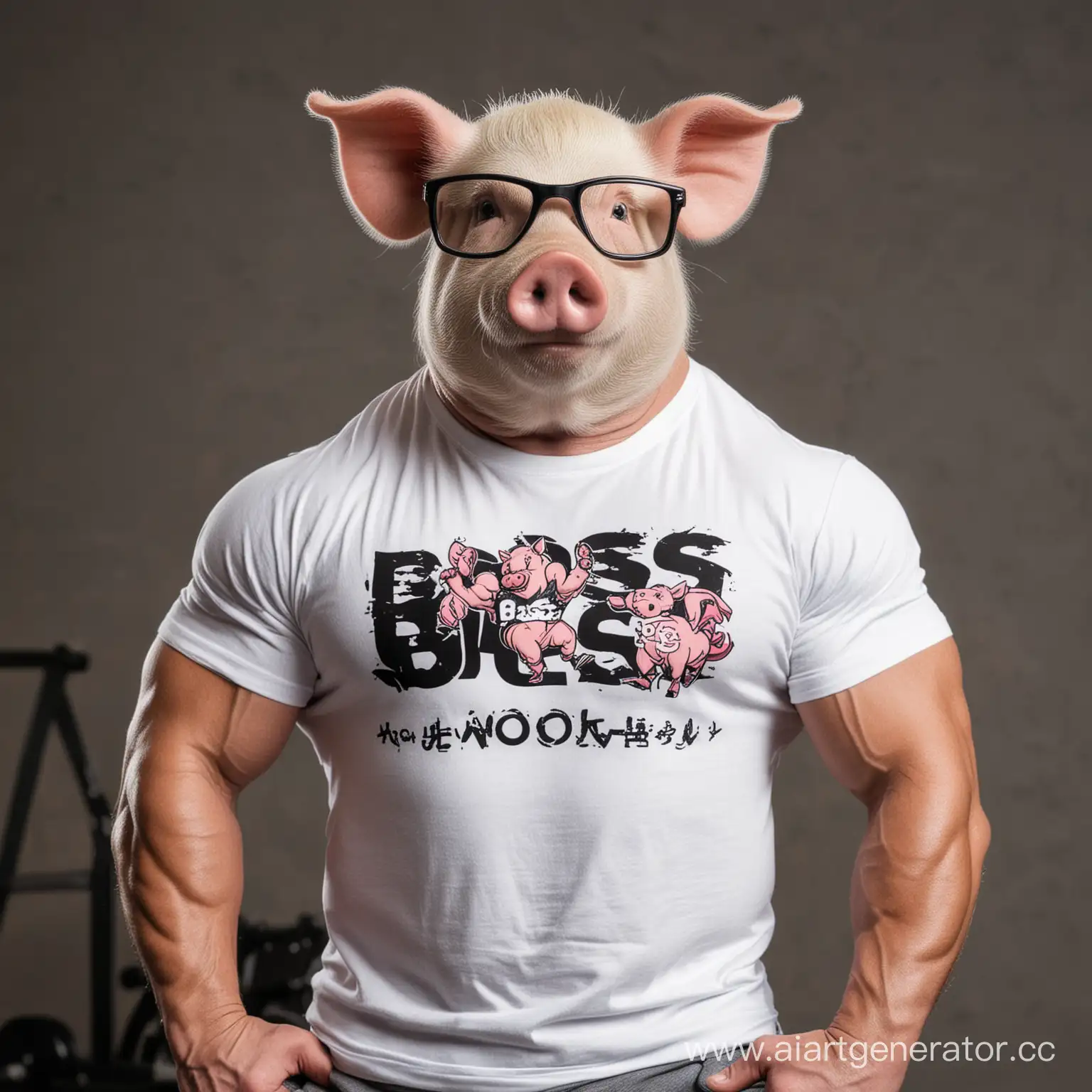 Muscular-Pig-Bodybuilder-Wearing-BOSS-SWO-Tshirt-Flexing-Strength
