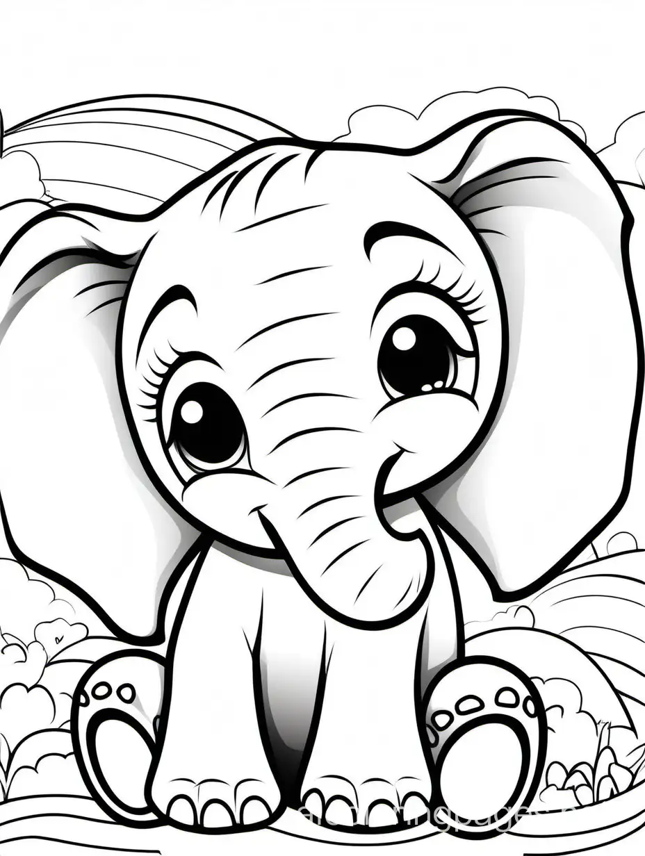 baby elephant, Coloring Page, black and white, line art, white background, Simplicity, Ample White Space. The background of the coloring page is plain white to make it easy for young children to color within the lines. The outlines of all the subjects are easy to distinguish, making it simple for kids to color without too much difficulty