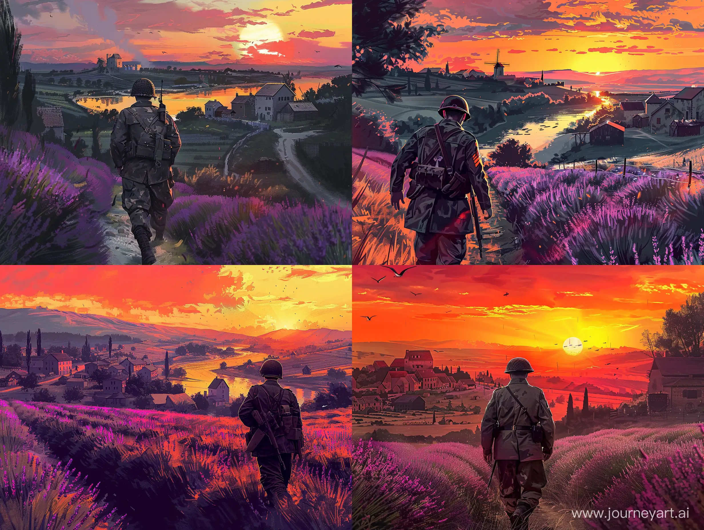 A soldier dressed in a uniform from the Second World War from the game Battlefield 5 is walking along a lavender field, and to his left is the old town of Provence, and to the right is a mill and barns far away, against the sunset in the digital sketch style 