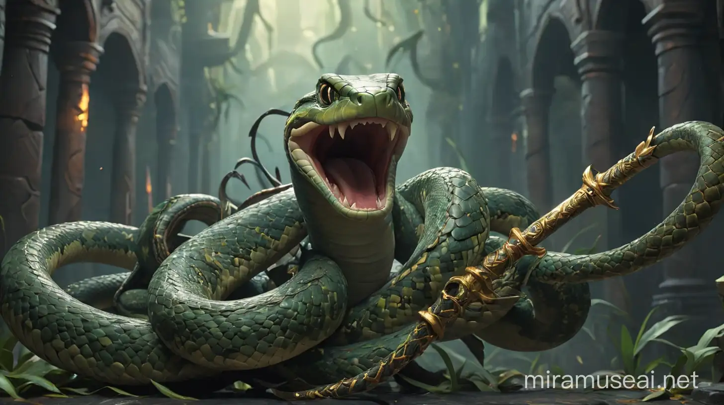 A snake warps around the sword of king