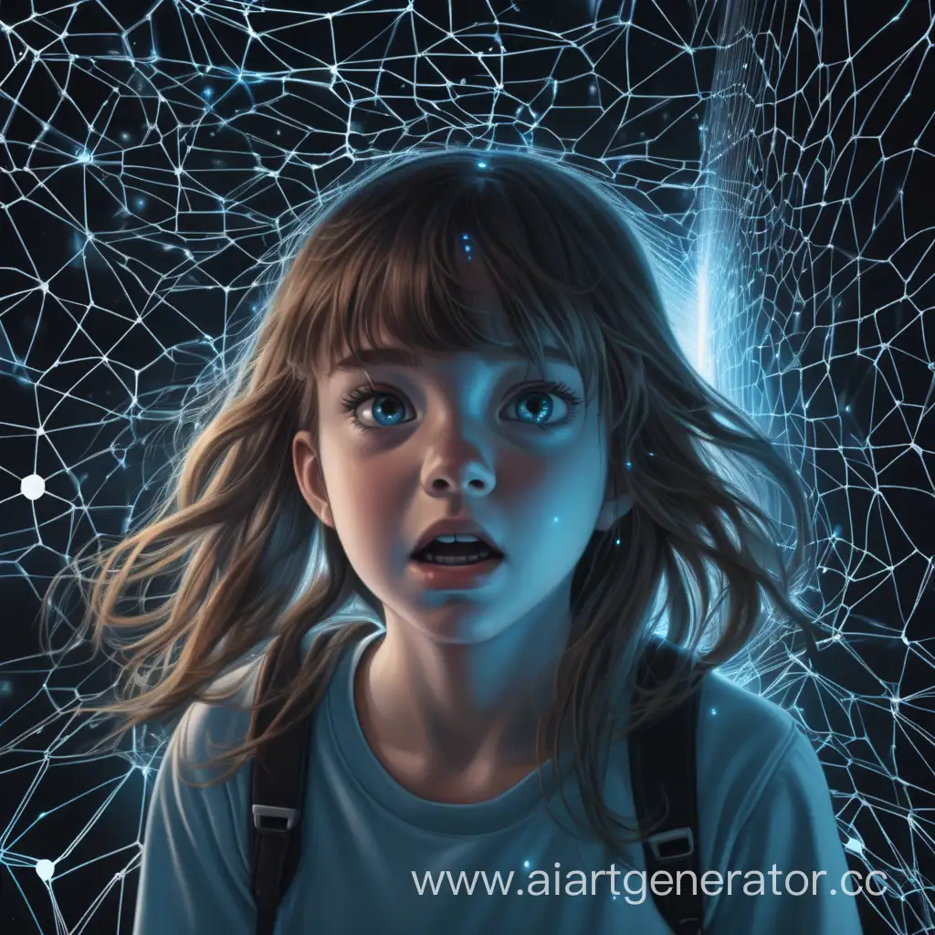 A teenage girl falls out of the darkness down into the world of a neural network or the Internet