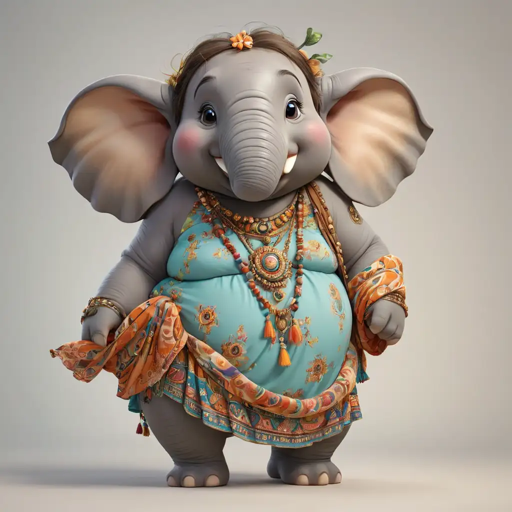 a funny fat elephant in cartoon style with boho dress with clear background