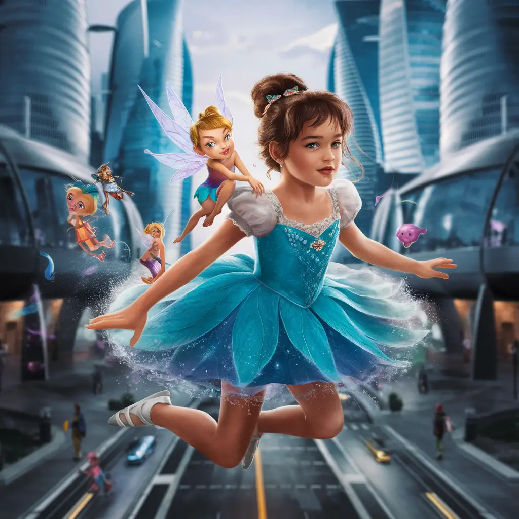 A scene from a fairy tale, featuring a modern city as the backdrop.