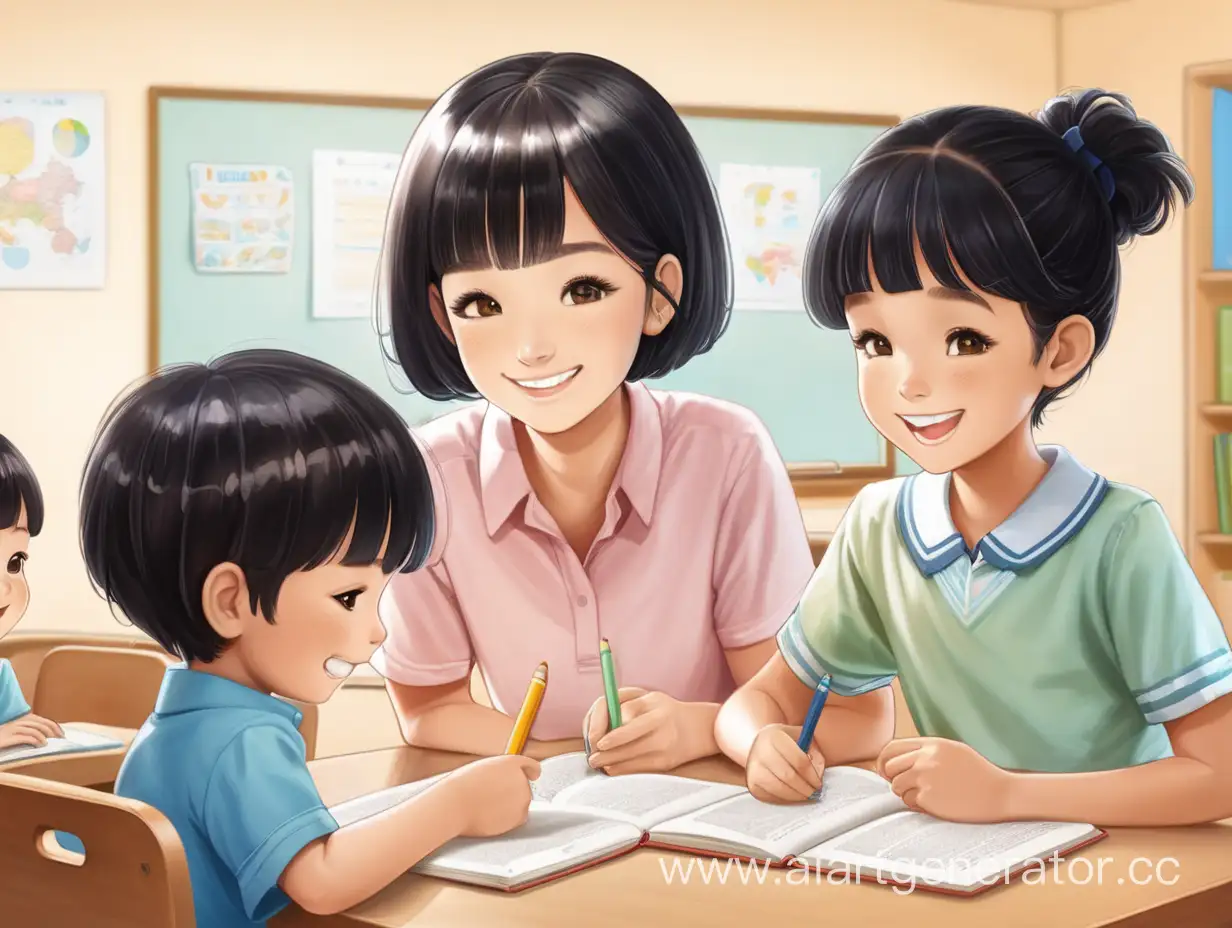 Two children are learning English with a female teacher who has short black hair and a beautiful smile.
