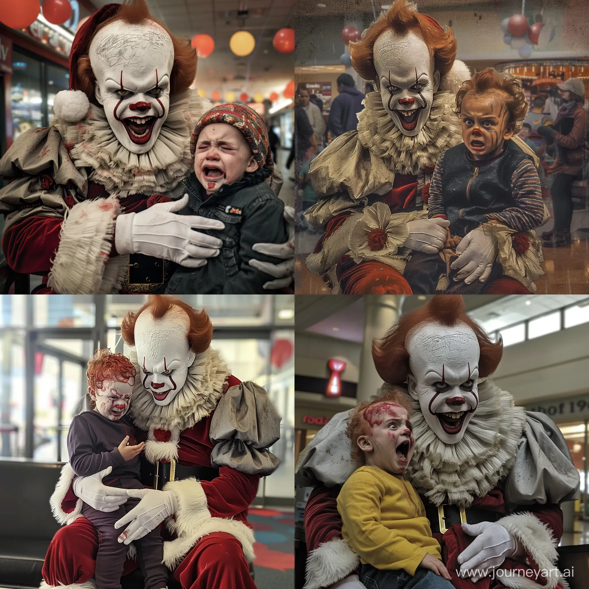 Pennywise as a mall Santa. With a child on his lap who is crying uncontrollably.