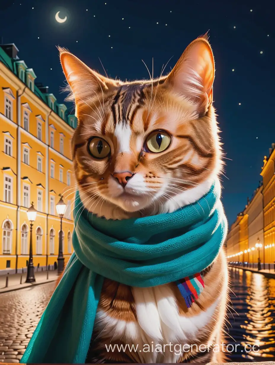 Nighttime-Portrait-of-Hermitage-Cat-in-St-Petersburg-Wearing-a-Scarf