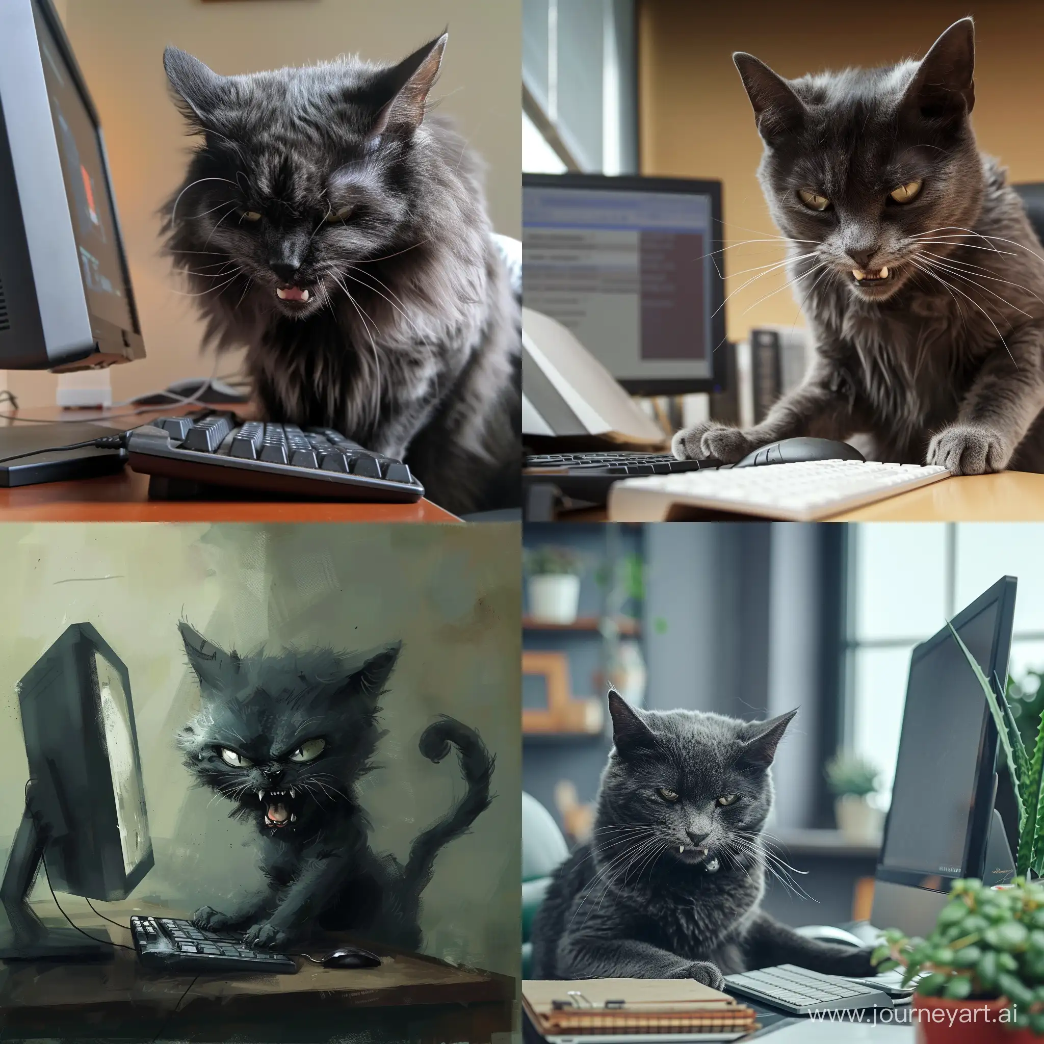 black cat with gray tones who is working on the computer in his office very angry