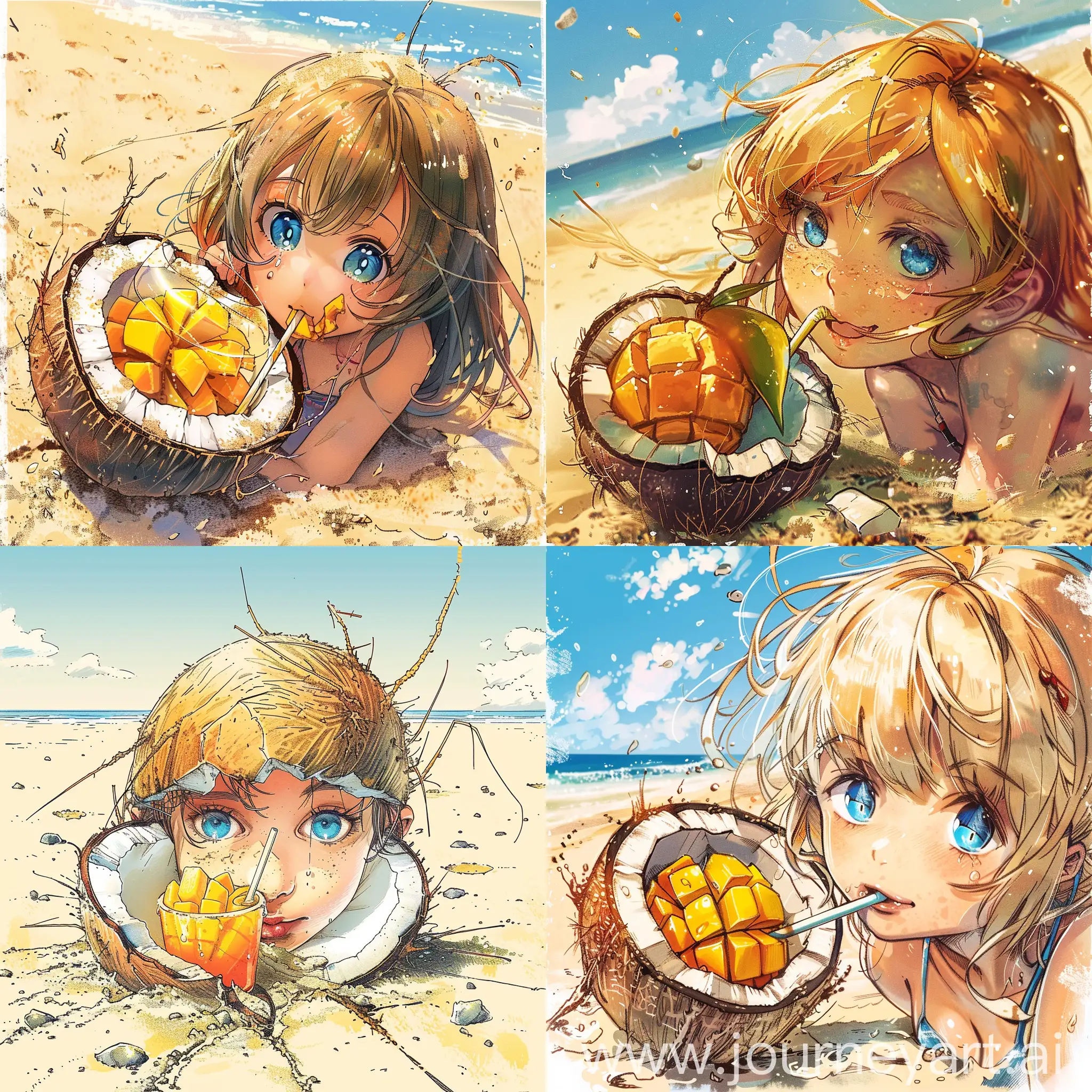 Girl-with-Blue-Eyes-Drinking-Coconut-Mango-Drink-on-Sunny-Beach