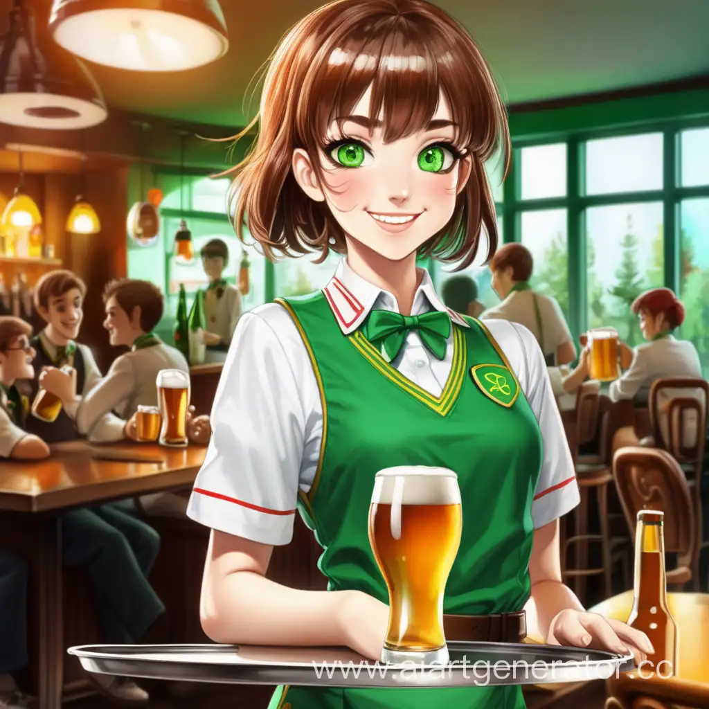 Joyful-GreenEyed-Waitress-Serving-Beer-in-Stylish-Green-Uniform