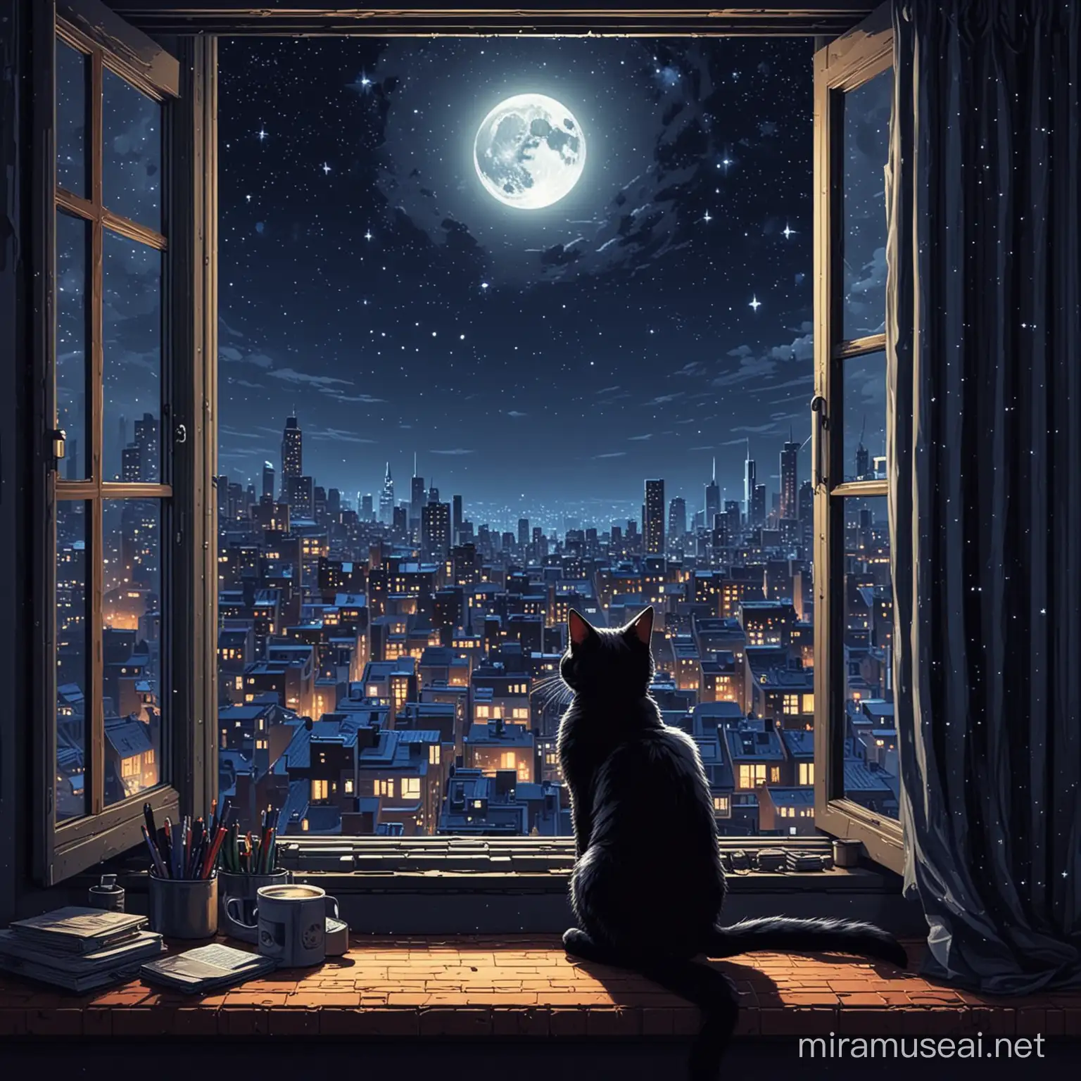 черный кот, смотрит в окно на луну, за окном звездное небо, ночной город невыской застройки, рядом с котом включенный компьютер, пиксель арт