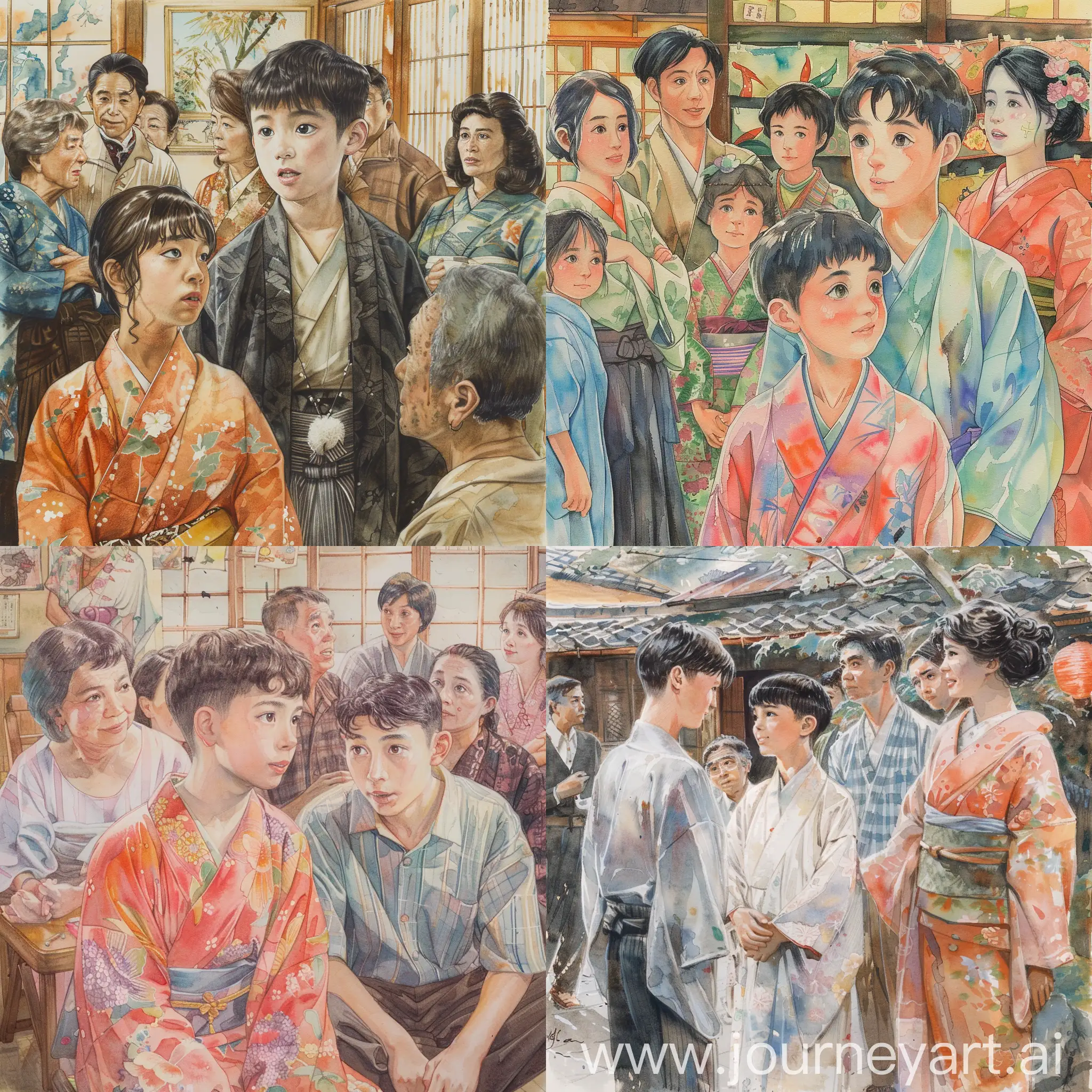 Japanese style, 18 year old boy and servant woman in kimono surrounded by supportive adults who have difficulty communicating and in a luminous watercolor style that reflects their collective perseverance, learning environment, soft pastel centered aesthetic with a serene and dreamy atmosphere, relief punk, working class subject, east village art, Japanese expressionism, storybook illustration .