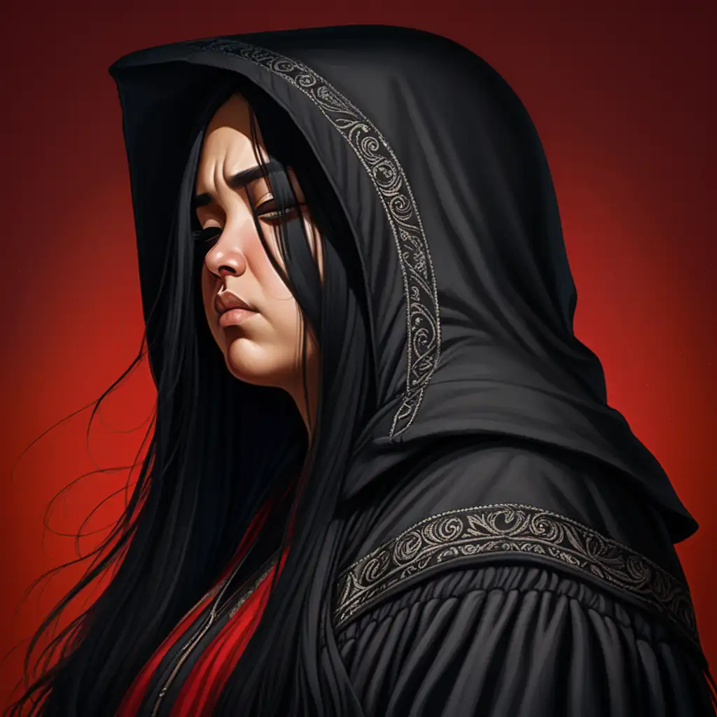Chubby face, Mexican, long straight black hair, all black torn robe, hood covering eyes, half body, Renaissance, red background