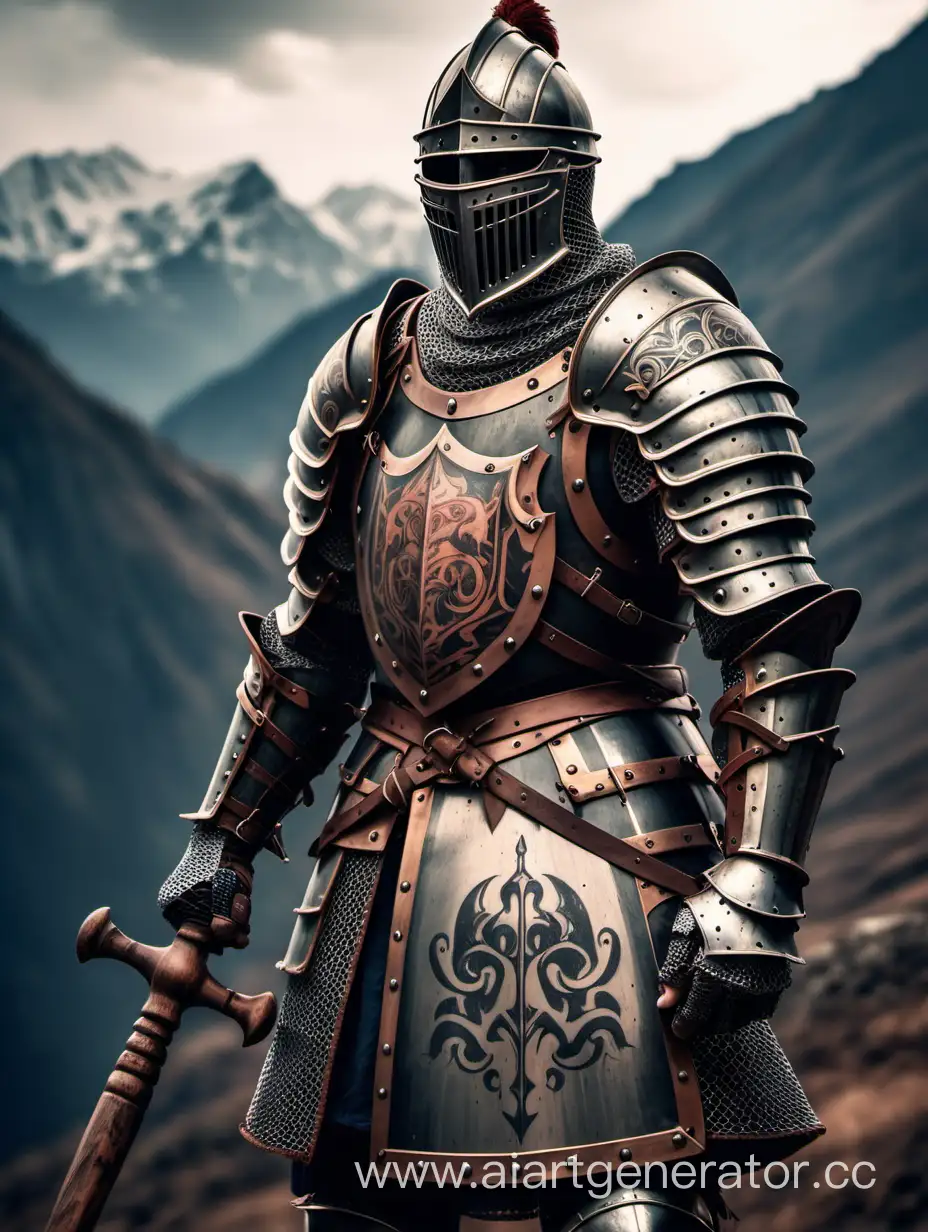 Majestic Mountain Knight in Plate Armor with Wooden Mace and Tribal ...