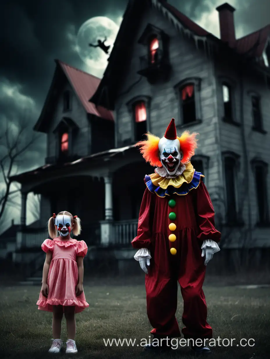 клоун демон на фоне страшного дома с маленькой девочкой