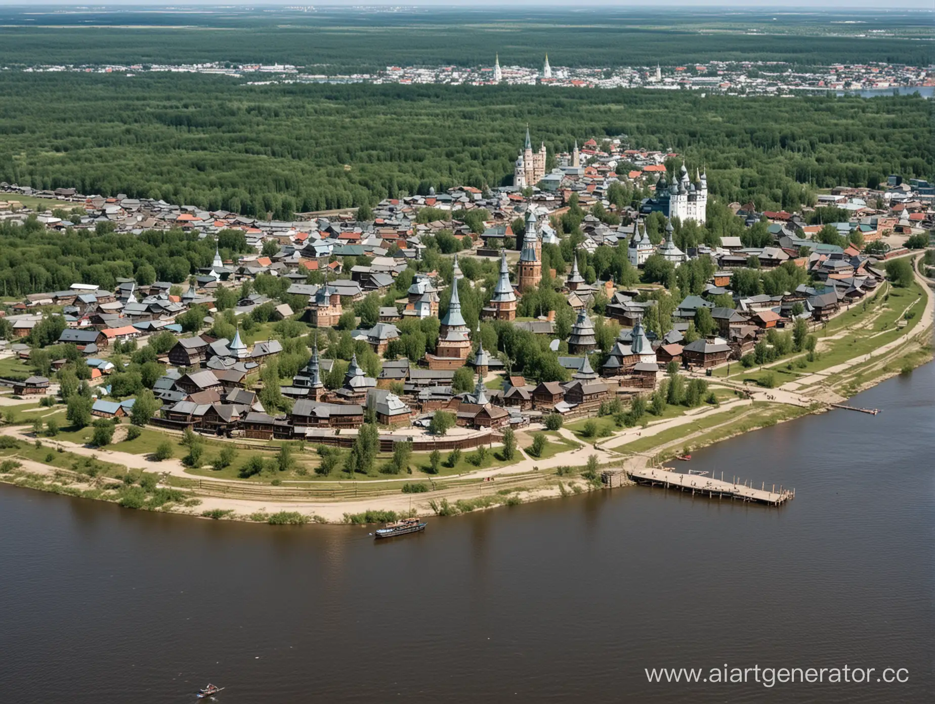 Ancient-Wooden-City-on-Volga-River-with-Kremlin-and-Fenced-Perimeter