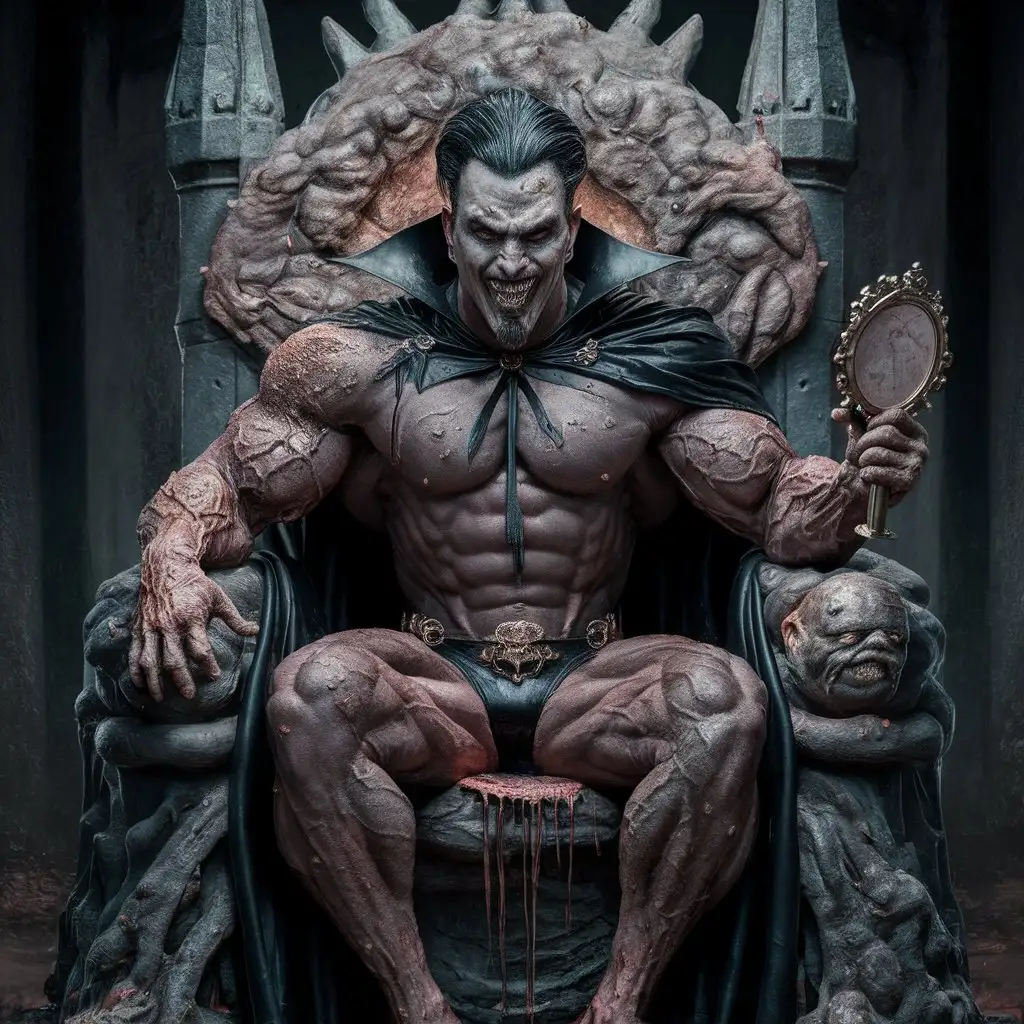 (Realistic Full body inside evil castle) Adrian is the biggest and most muscular bodybuilder in the world. He is a disgusting and evil king. He has a sinnister and perverse grinn with yellow teeth. He has wet, dark, greasy and slicked back hair and a goatee. He is wearing a black latex bodysuit and a black royal cape. Hes has enormous muscles. He is sitting on hes evil throne wich looks like a big shitstained toilet. Hes body is covered in shit. He is holding a mirror while staring at hes reflection.