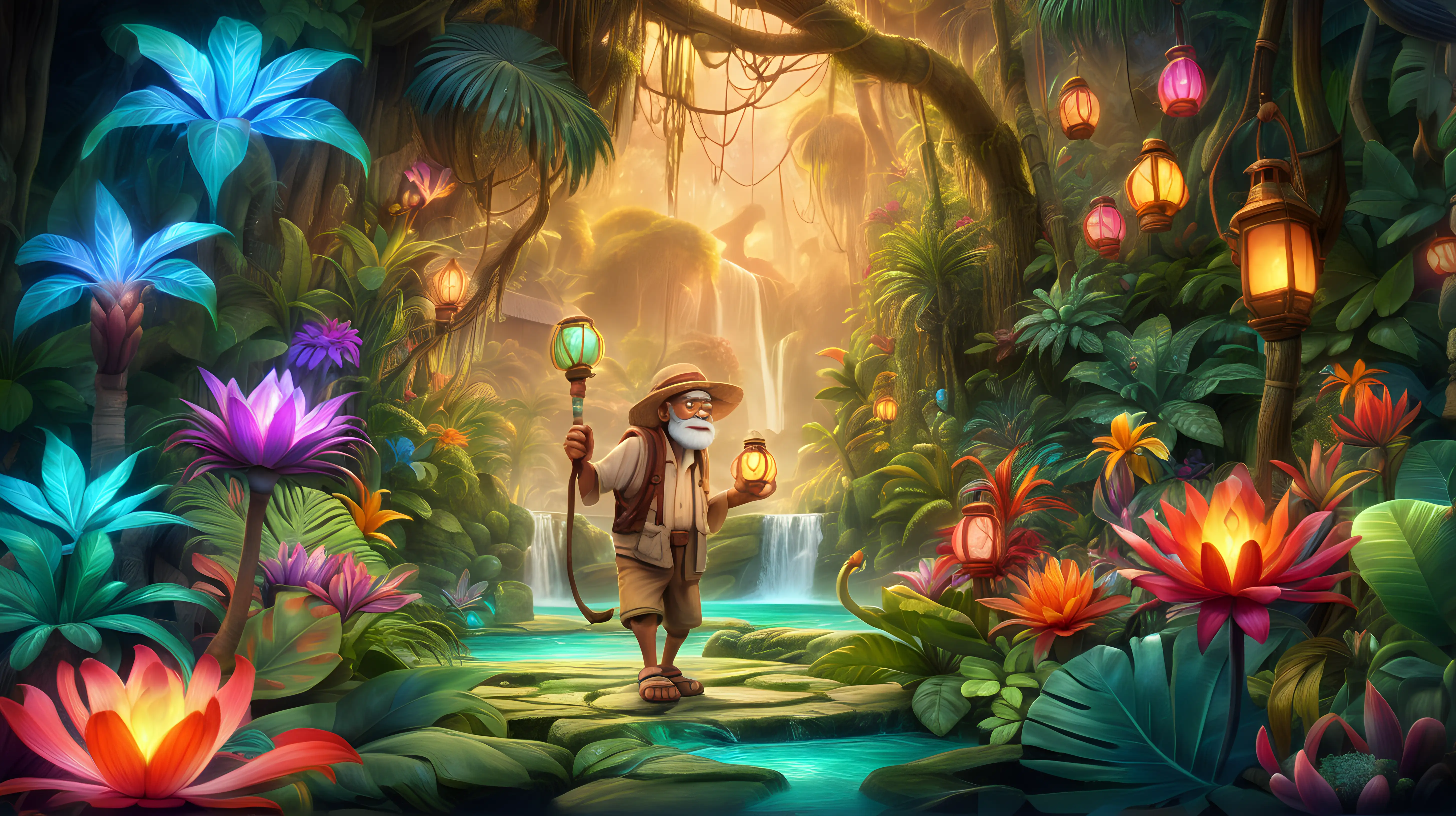 Envision an elderly animated character, his lantern revealing the vibrant colors of exotic, glowing flowers and surreal plant life, creating an otherworldly atmosphere in the heart of the jungle.
