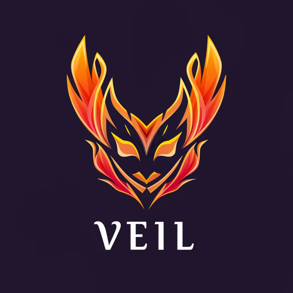 a logo design,with the text "VEIL", main symbol:A logo design that combines a mask with the letter V symbol, featuring flames and vibrant colors, suitable for the anime industry. The text "veil" should be written below the logo in a rounded and stylish font, and the background can be chosen freely.,Minimalistic,be used in Entertainment industry,clear background