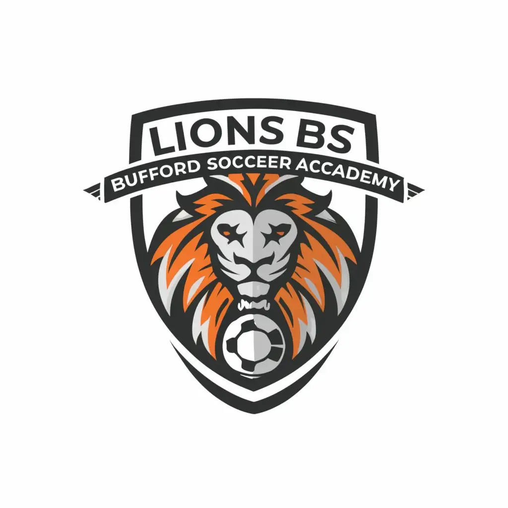 a logo design,with the text "LIONS BSA ''''BUFORD SOCCER ACADEMY", main symbol:LOGO FOR FOOTBALL ACADEMY I would like it to have the logo of a Lion figure, I am also open to considering other animals like Zorro FOX or even some other,Minimalistic,clear background