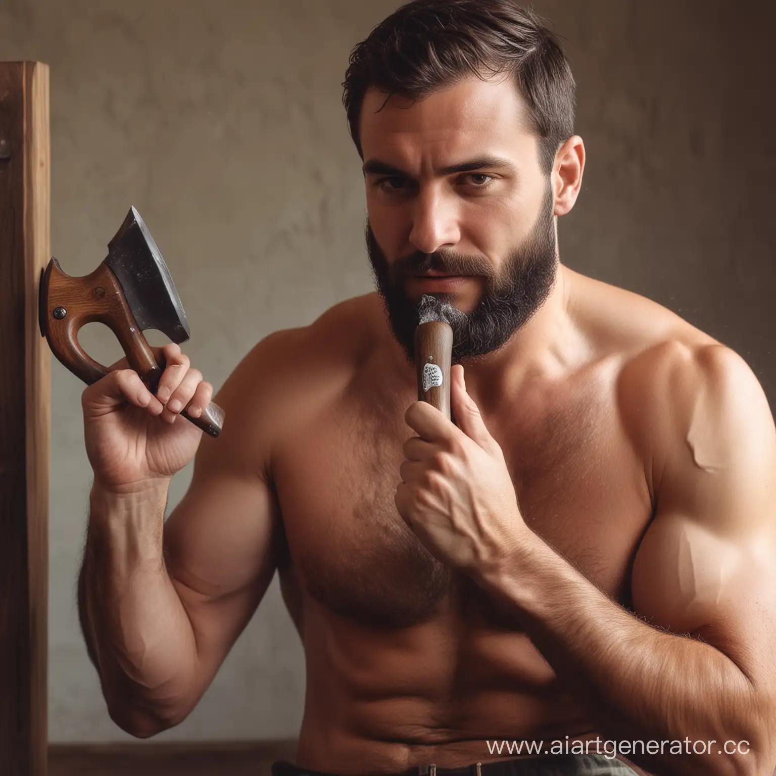 manly man shaving with axe 