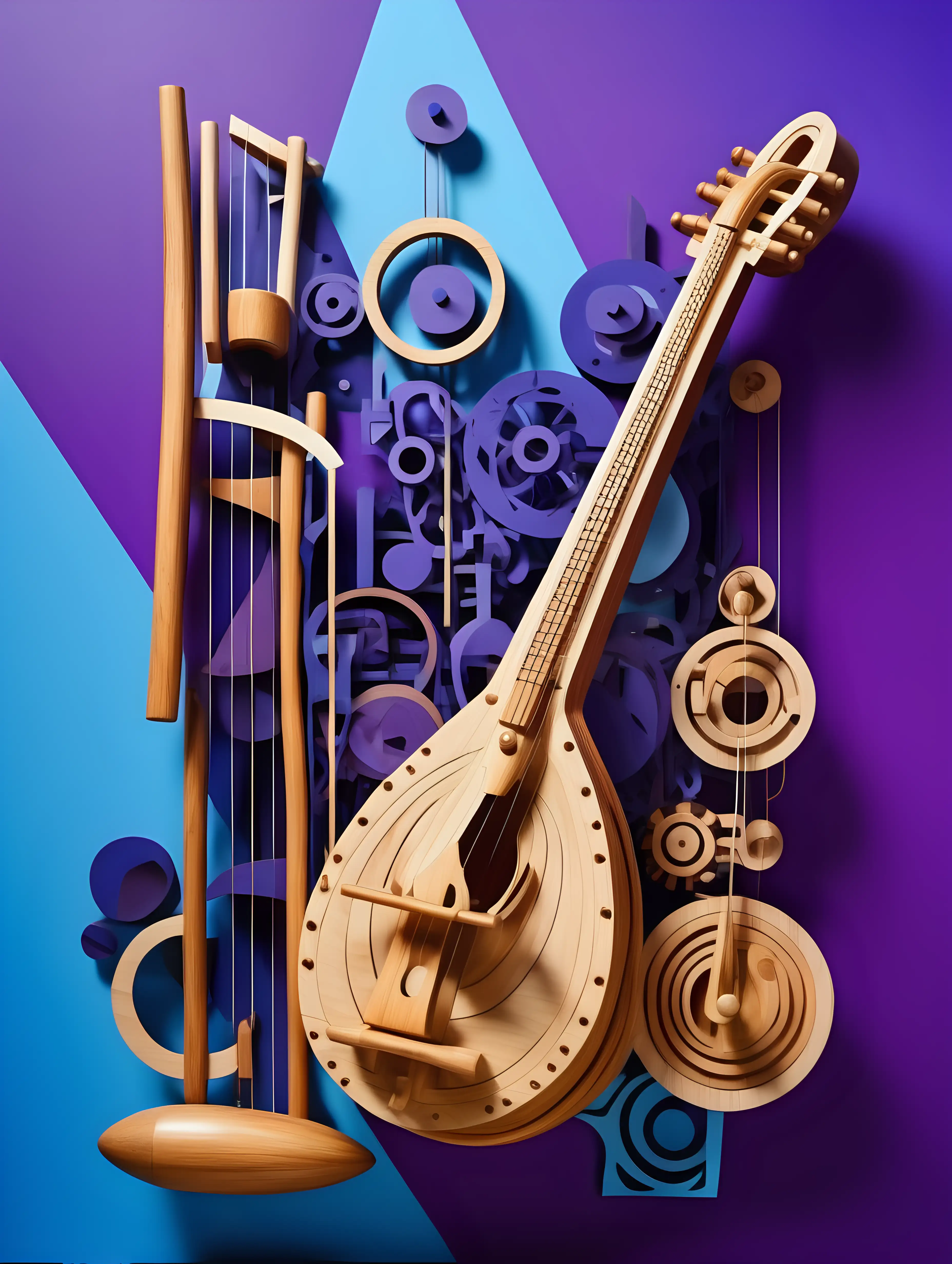 organic and mechanical art with wood musical instrument, in a geometric and abstract shapes purple blue background