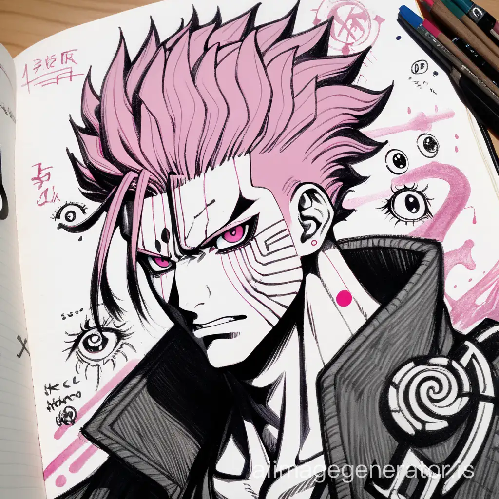 Sketchbook Style, Sketch book, hand drawn, dark, gritty, realistic sketch, Rough sketch, mix of bold dark lines and loose lines, bold lines, on paper, turnaround character sheet, jujutsu kaisen, Ryomen Sukuna pink haired, demon sorcerer, black lines on his forehead, nose, cheeks, second pair of eyes underneath his normal eyes, male, paint splash, full body, arcane symbols, runes, anime theme, Perfect composition golden ratio, masterpiece, best quality, 4k, sharp focus. Better hand, perfect anatomy.