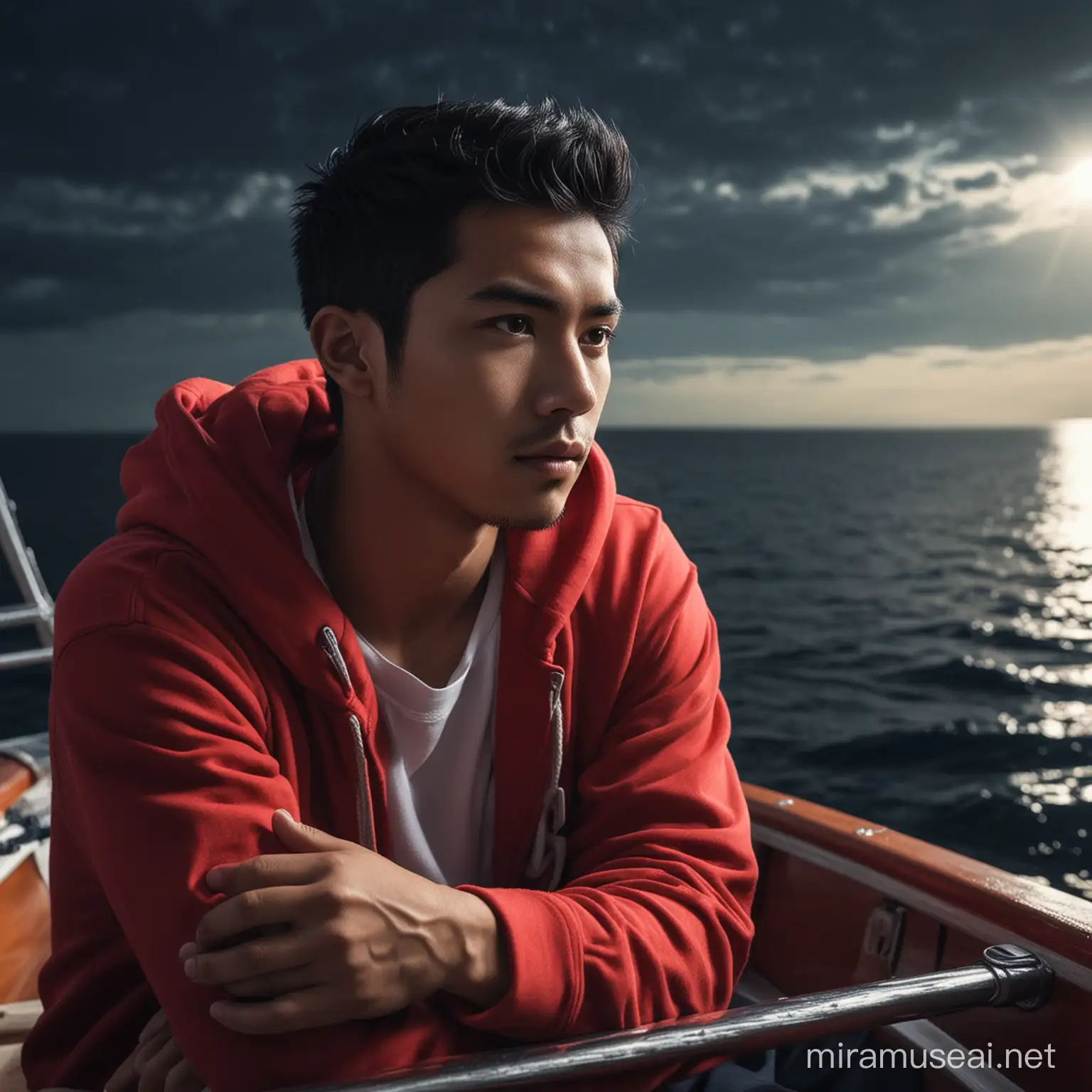 Young Indonesian Man in Red Hoodie Reflecting on the Sea at Night