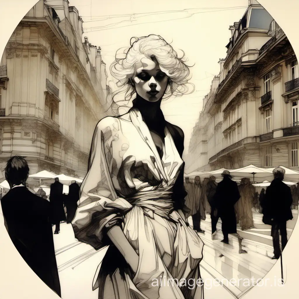 "caravaggio, rembrandt, craig mullins, jeremy mann style, intricate line drawings, pen and ink, alphonse mucha, claire wendling, kentaro miura, ruan jia a fat young elegant woman, white hair in the background les Champs-Élysées in Paris"