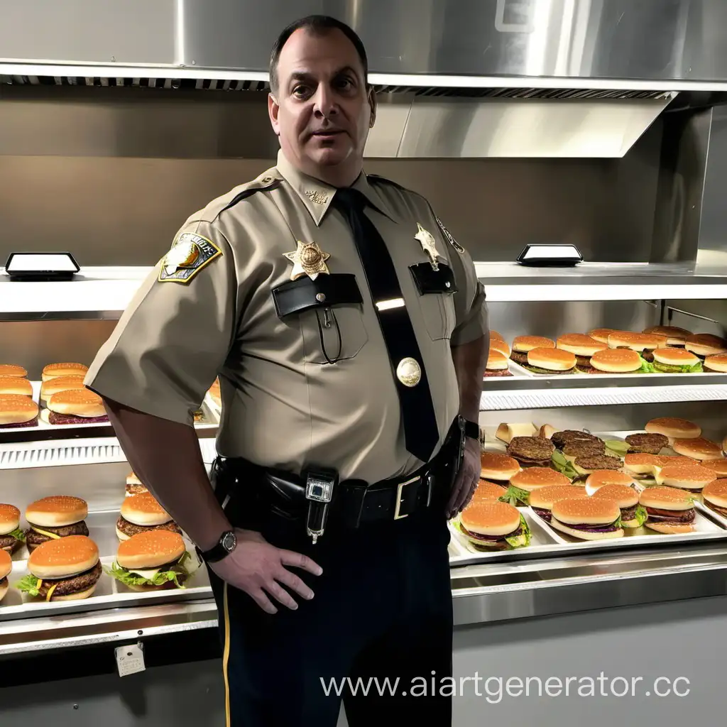 Satisfied-Sheriff-Enjoying-a-Meal-Next-to-Delectable-Burgers