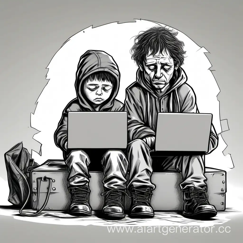 Draw adult programmer and poor ragamuffin kid in some realistic style. Make an adult programmer with laptop as sad as possible, and a kid crying with torn clothes and boots.