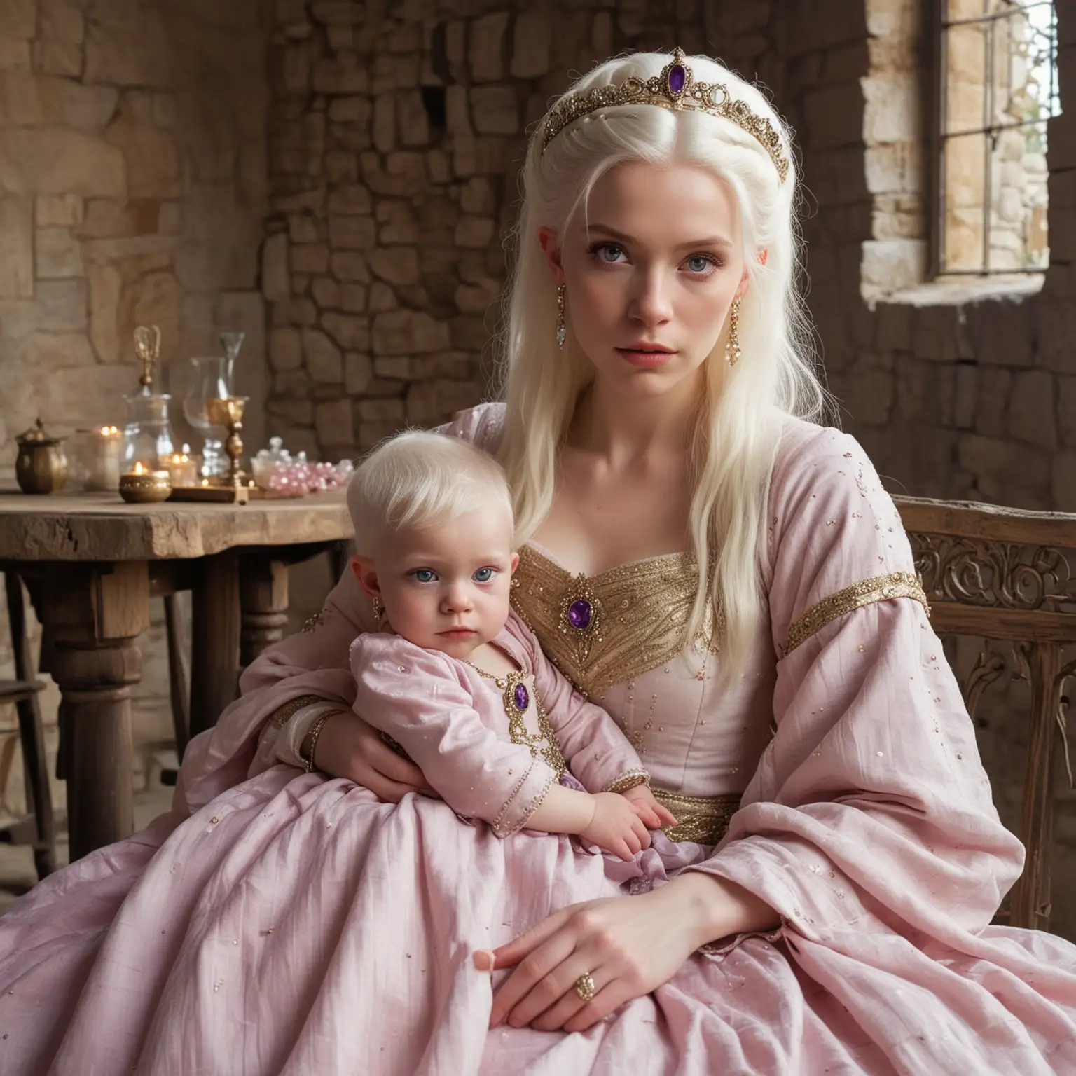 Rhaenyra Targaryen, young woman, white hair and albino skin, with purple eyes, sitting back on a wooden hair at the head of a table, in a stone chamber in a fortress stronghold, holding a swaddled baby, in a pale pink and gold medieval gown, decorated with gems and jewels, medieval setting