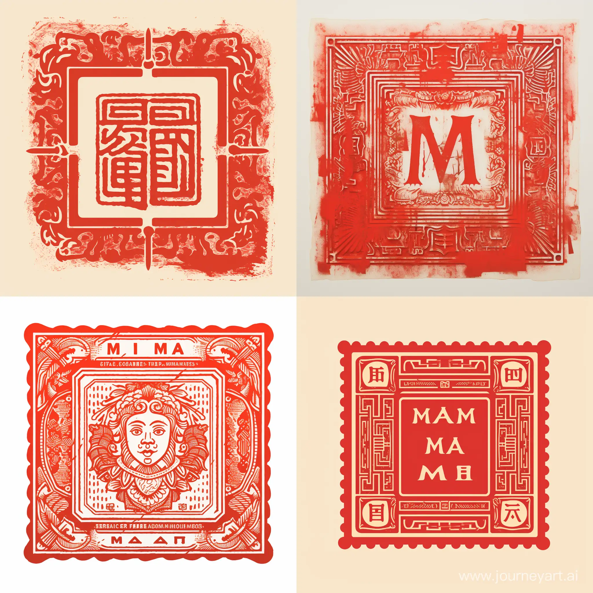 Please generate an image of a square red Chinese chop stamp with correct letters: MIA MAI ART