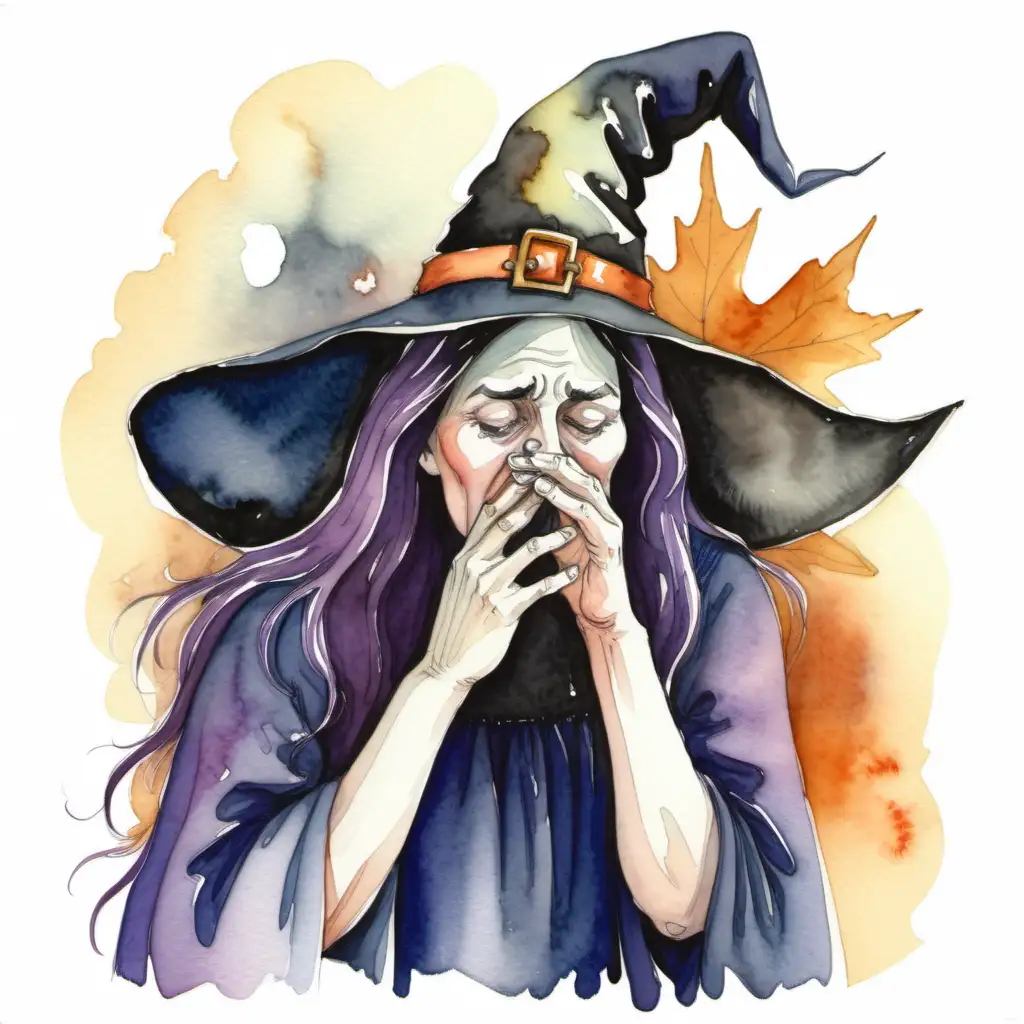 Whimsical Watercolor Drawing of a Witch Playfully Rubbing Her Nose