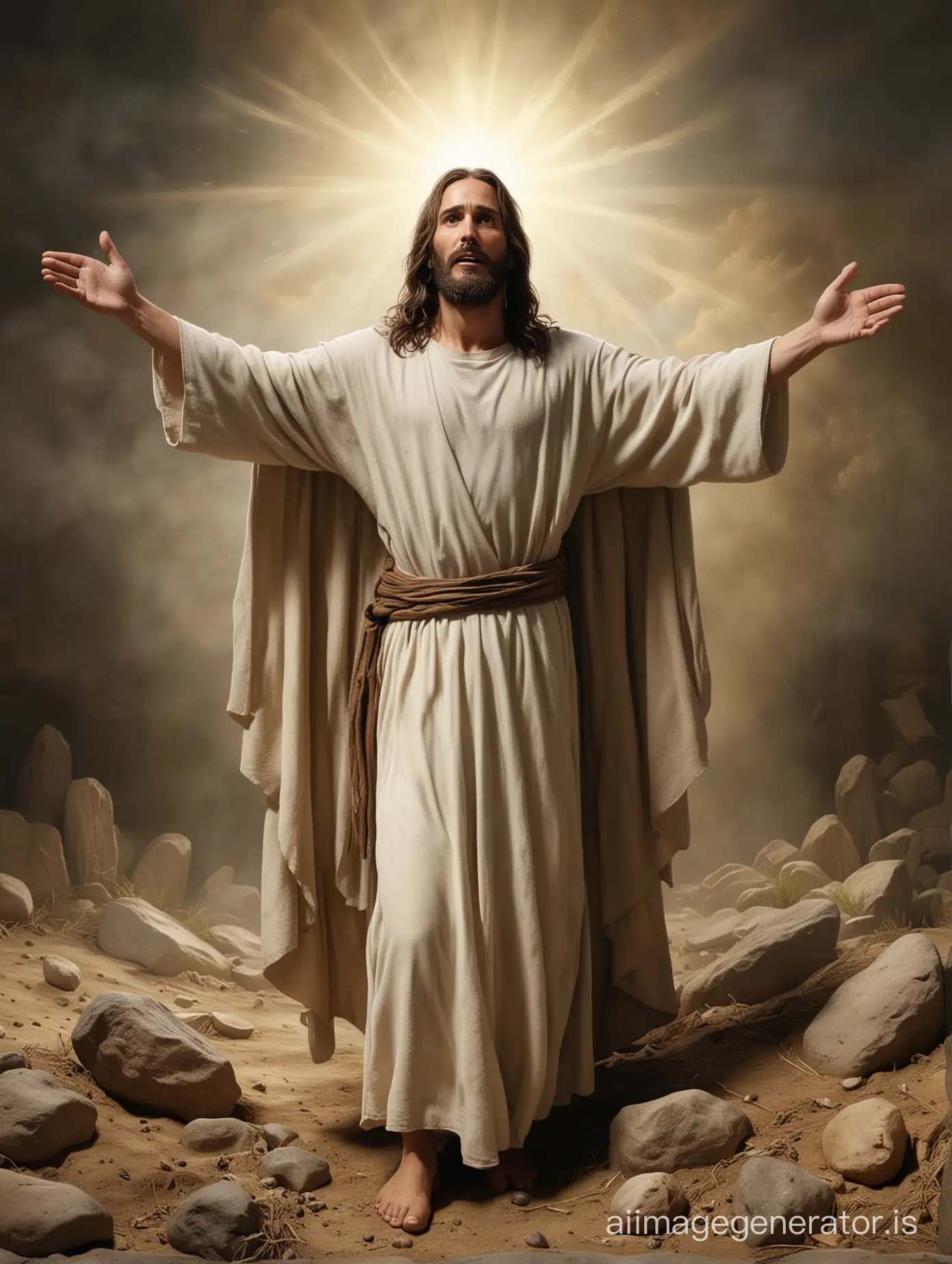 realistic picture of jesus resurrection, staring straight forward, full body, spread his arms, in tump