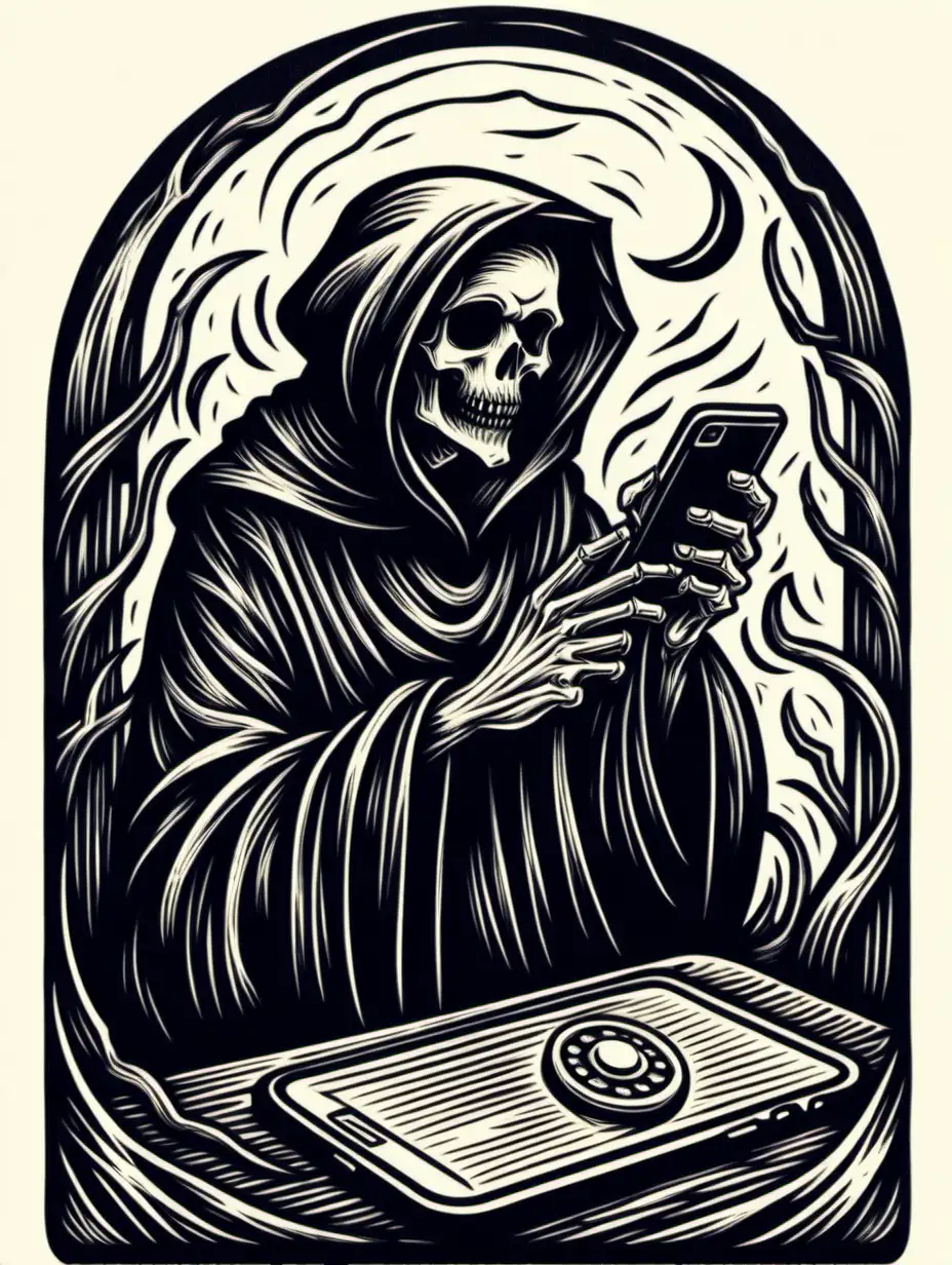 hand drawn grim reaper scrolling on his phone, logo, lino cut, block print