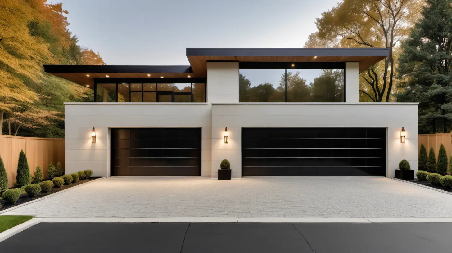 a classic contemporary large home Minimalist garage with a glass window wall to the back yard with a view of the sprawling gardens; beige walls; black accents; limestone; blonde oak; brass lighting