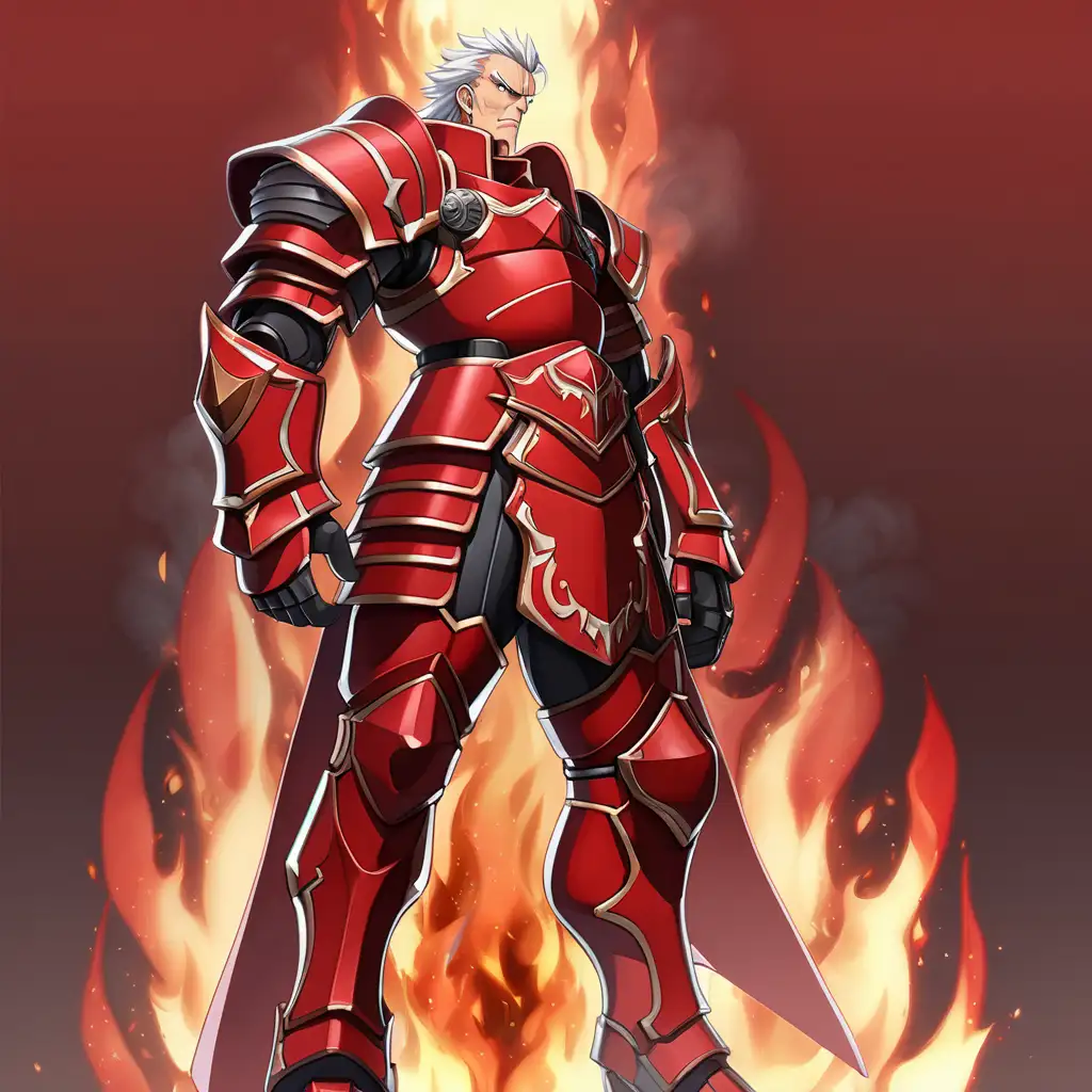 Intimidating Anime Warrior in Fiery Armor Stands Tall