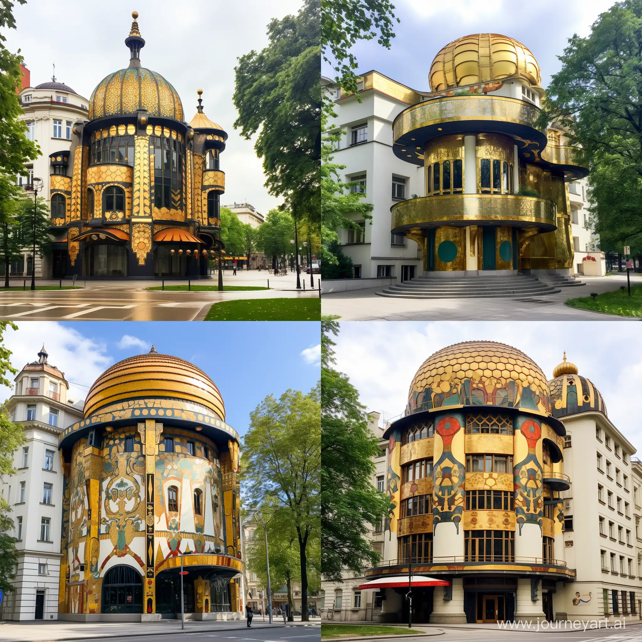 Vienna Secession Museum in the style of Gustav Klimt, accentuating the golden dome at the top