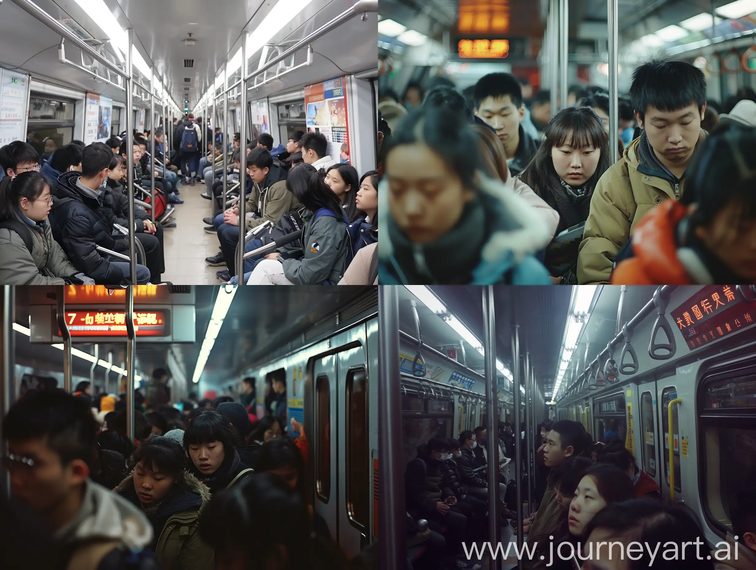 帮我设计一个图片，地球探测与信息技术的学生在北京
早上7点挤地铁
