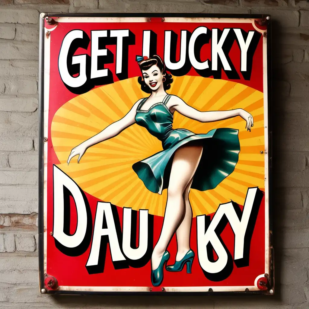 traditional vintage 1950s fairground sign "GET LUCKY !" with pinup style dancer