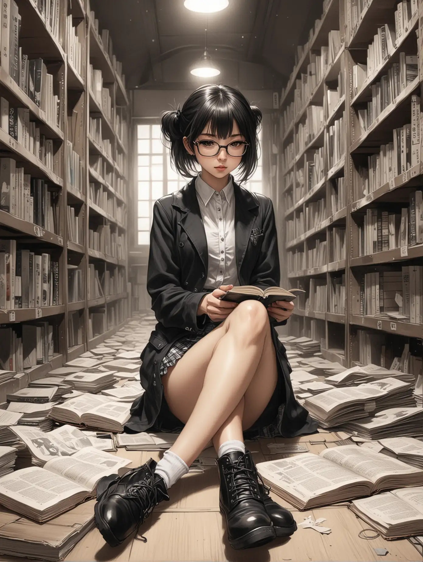 manga drawing of a fashionable pretty librarian Japanese girl, sitting on the floor and reading, in a narrow occult library annex in hell, punk but cute illustration,  