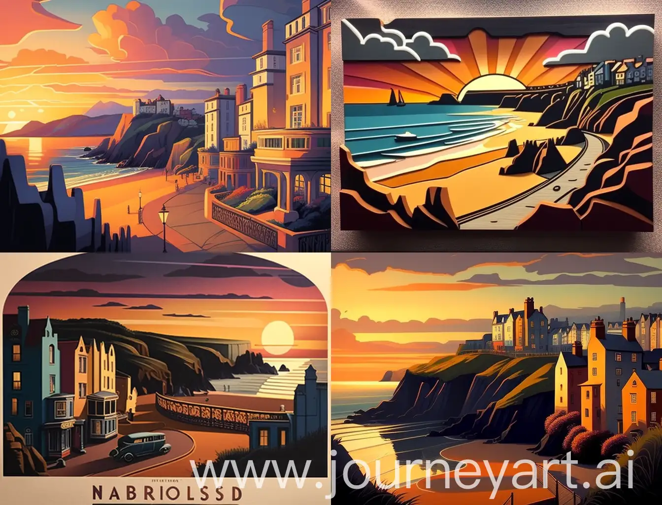 A beautiful sunset over North beach, in Tenby, Painted in an Art Deco style.