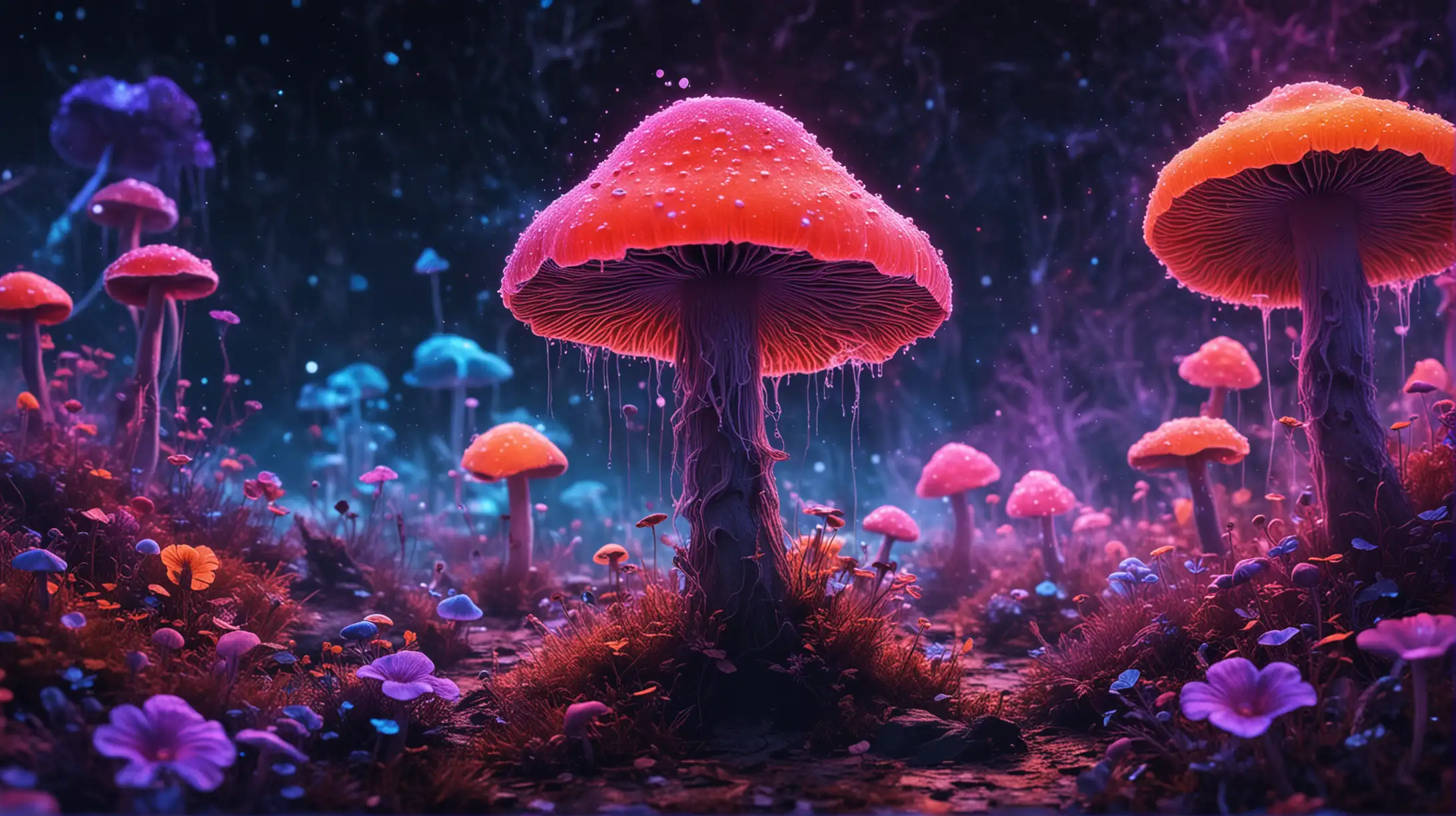 Neon Magic Energy Accumulation with Enchanted Mushrooms and Mist