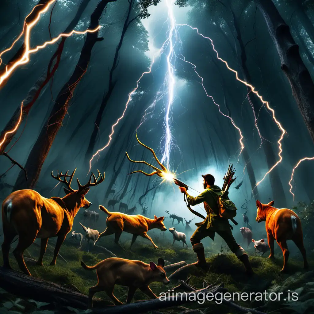a hunter is hunting animals in forest of lightening