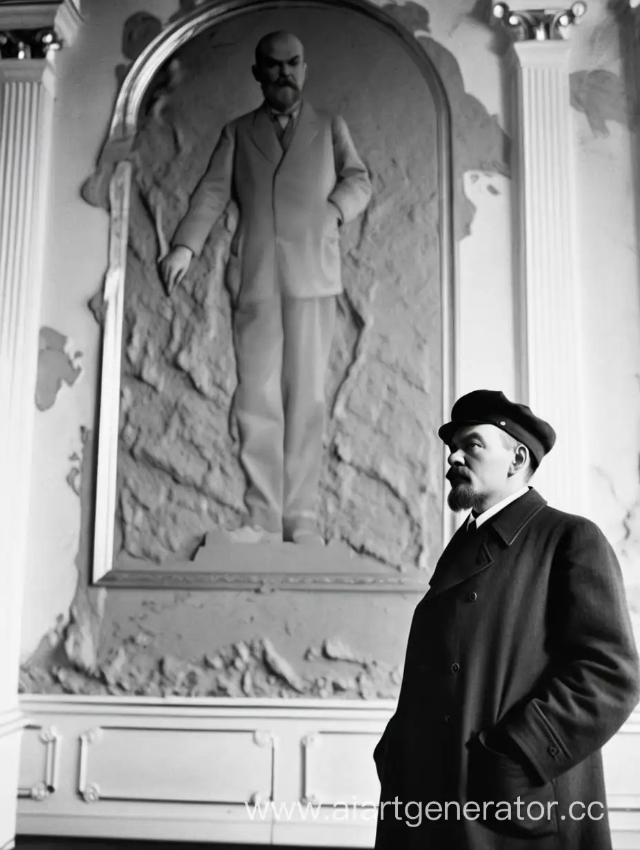 Владимир Ильич Ленин в кепке стоит в зале Зимнего дворца и рассматривает лепнину на стене